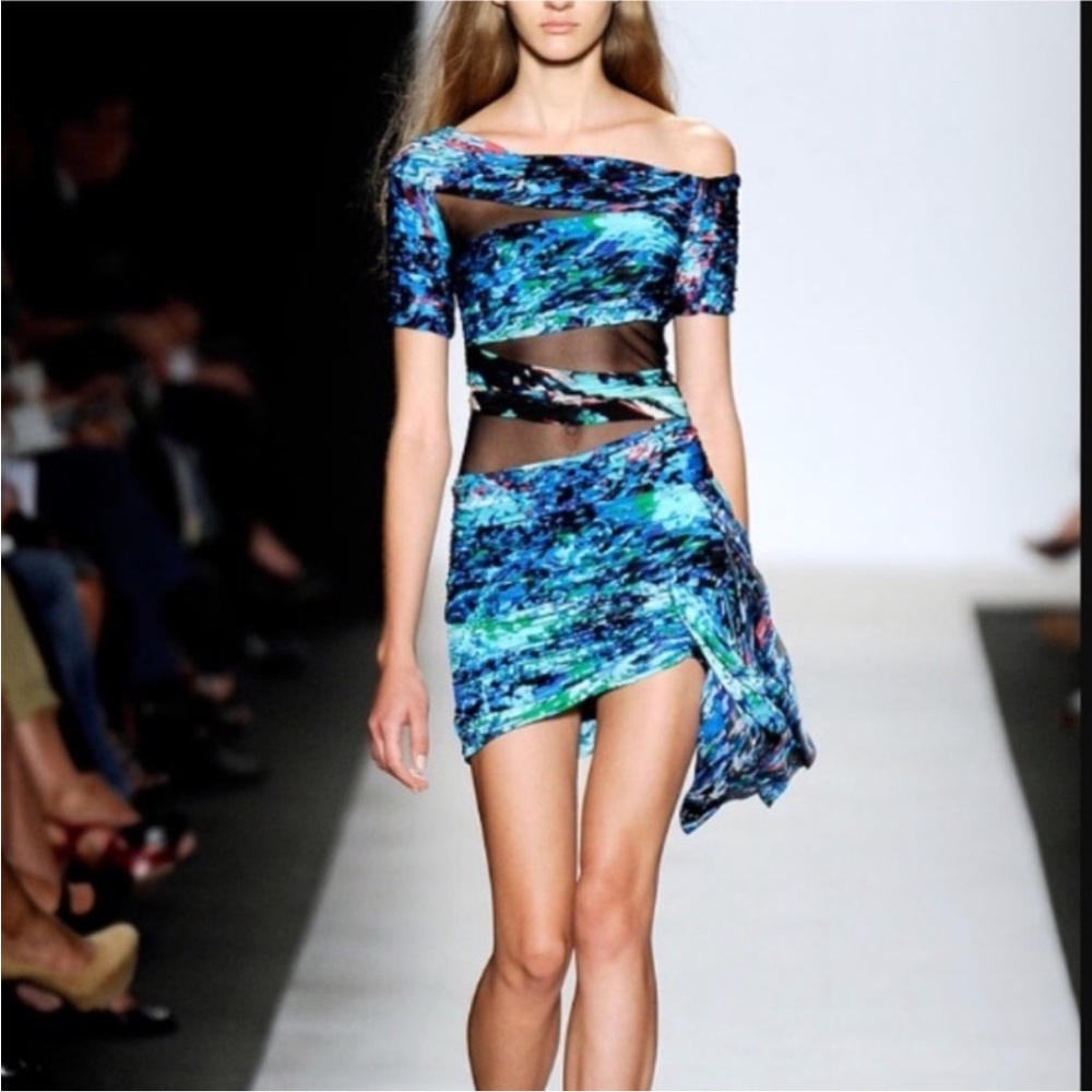BCBG RUNWAY MESH AND PRINTED DRESS